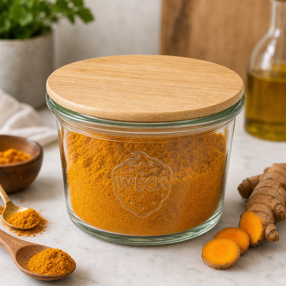 WECK Mini pot 35ml avec couvercle en bois rempli de poudre de curcuma dans la cuisine à côté de racines de curcuma fraîches et d'épices