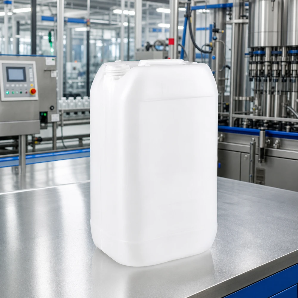 Bidon translucide en PEHD de 15 litres, sans bouchon, posé sur une table métallique dans une installation de remplissage moderne