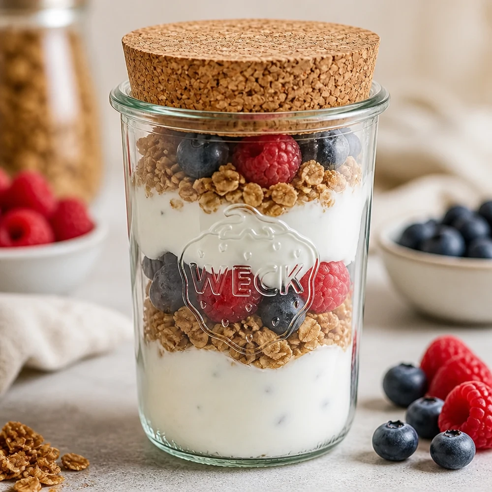 850ml bocal conique WECK RR100 avec bouchon nature WECK Pot renversé 850ml RR100 avec bouchon comme pot de yaourt parfait avec granola de baies et yaourt nature dessert en couches