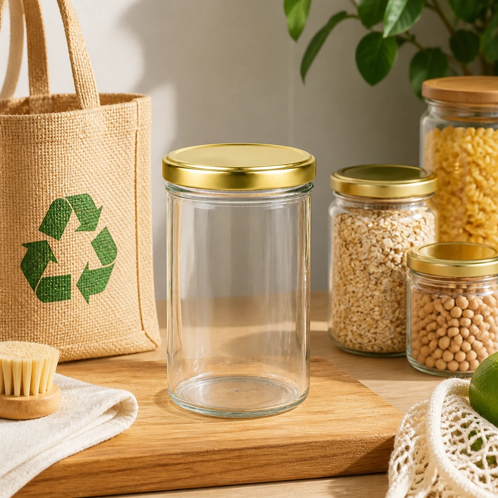 435ml Verre conique avec couvercle BasicSeal or UNiTWIST Verre renversé de 435 ml UNiTWIST avec couvercle doré dans une cuisine durable zéro déchet avec sac en jute et bocaux à provisions