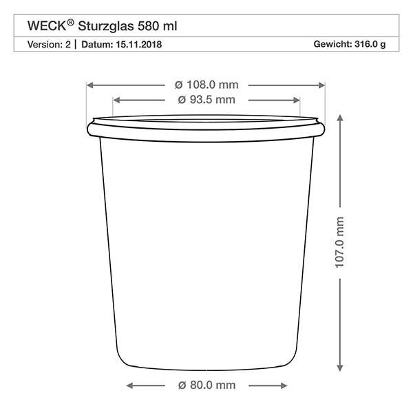 Dessin technique WECK Verre renversé 580ml RR100 avec dimensions Diamètre 108mm Hauteur 107mm Poids 316g
