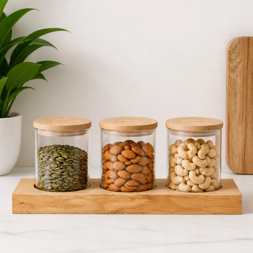 Planche de service Plano3 avec des bocaux WECK remplis de noix et de graines - noix de pin, amandes, noix de cajou dans une ambiance moderne
