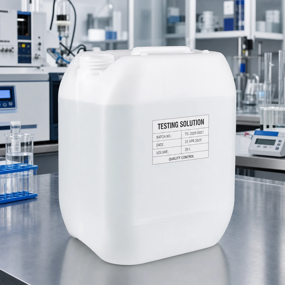 Bidon blanc de 10 litres avec étiquette portant les mentions suivantes : numéro de lot, date, volume, contrôle qualité