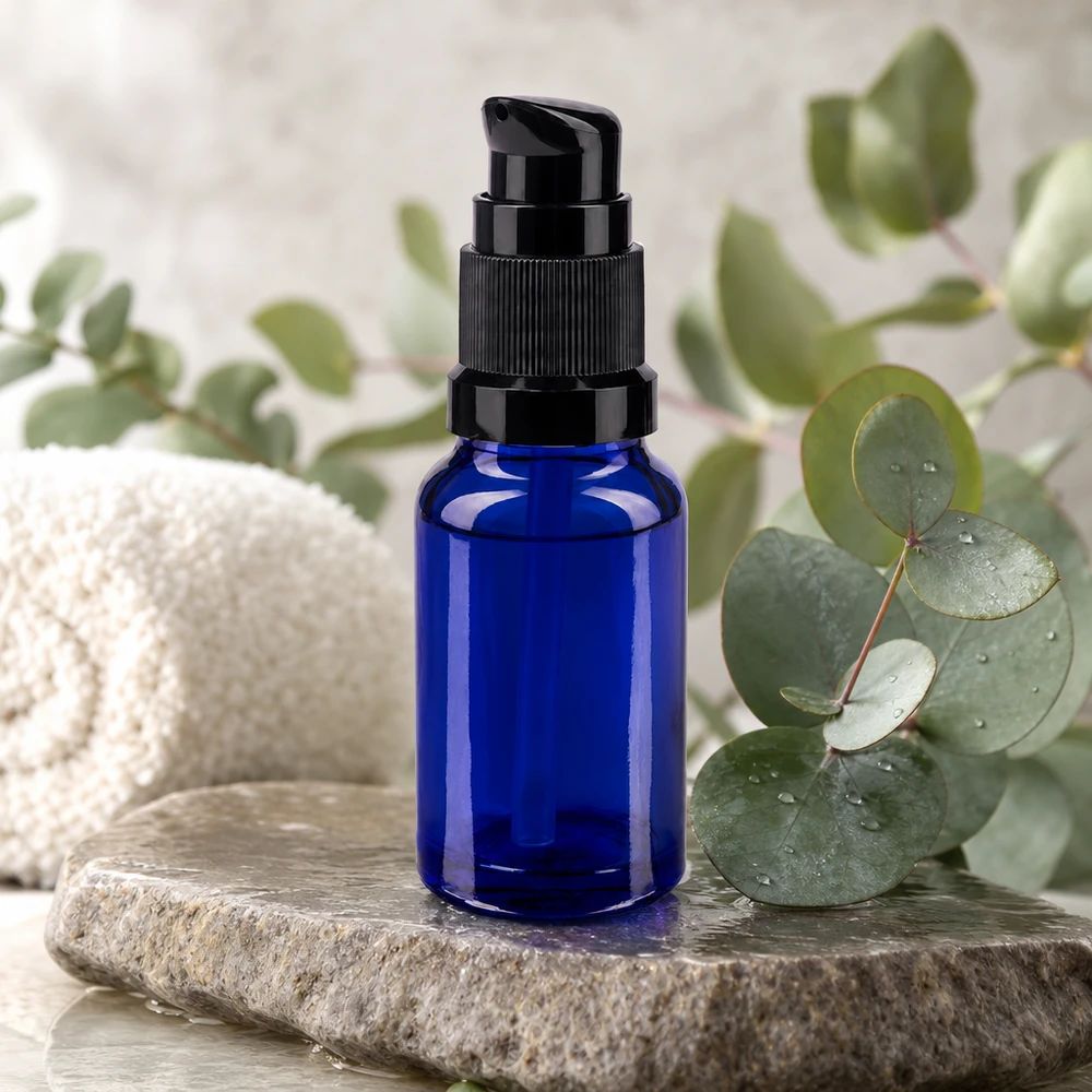 Flacon de pharmacie bleu 10ml bouchon pompe noir standart Flacon pompe bleu ApoGlas de 10 ml posé sur une pierre naturelle, avec de l'eucalyptus, dans une ambiance spa