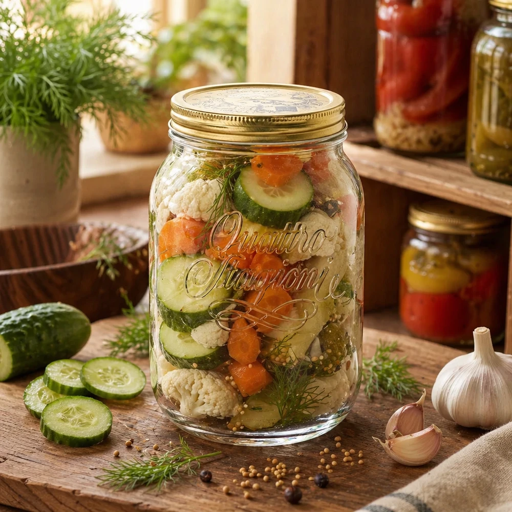 2000ml verre rond "Quattro Stagioni" avec couvercle Quattro Stagioni 2L bocal de légumes marinés à l'aneth - conservation traditionnelle avec concombres et choux-fleurs