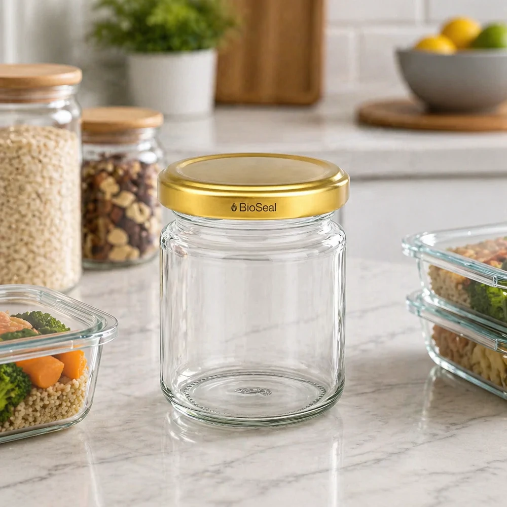 UNiTWIST Runda53 Bocal à provisions avec couvercle TO43 BioSeal doré sur comptoir en marbre entre les récipients de cuisine