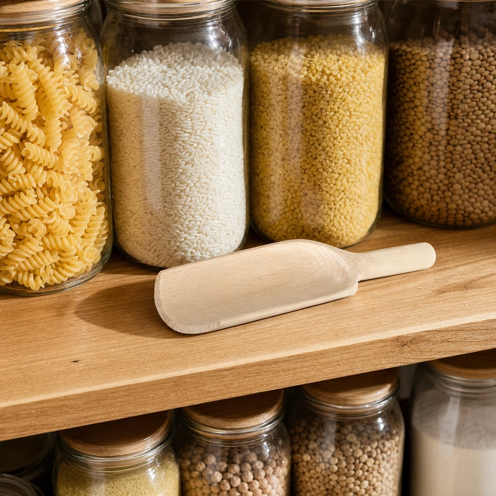 Pelle en bois L 18cm dans un garde-manger organisé avec des boîtes en verre pleines de pâtes de riz de couscous et de légumineuses