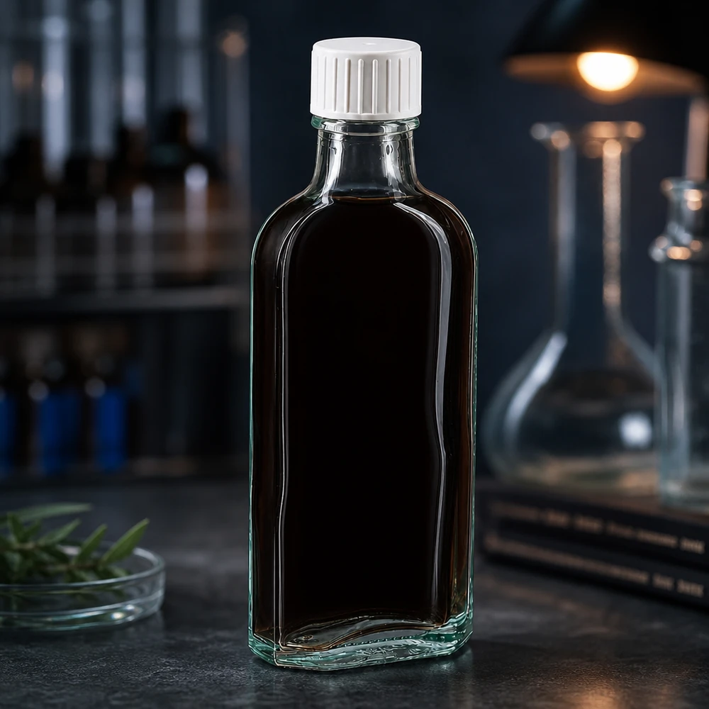 Flasque transparente de 100 ml au goulot DIN 22, avec bouchon à vis DIN 22 blanc et bague anti-gouttes Flacon en verre Meplat de 100 ml, de couleur foncée, rempli, avec un bouchon à vis blanc, sur fond sombre