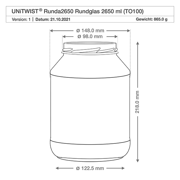 2650ml Verre rond sans couvercle (TO100) UNiTWIST Dessin technique UNiTWIST Runda2650 Verre renversé 2650ml avec dimensions Diamètre 148mm Hauteur 218mm TO100