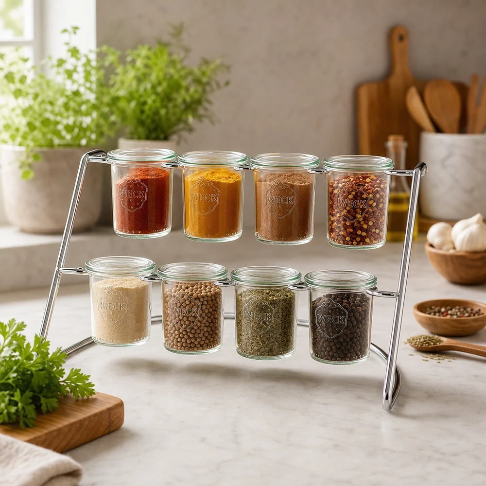 Rack de service Flato8 avec des épices et des herbes aromatiques dans des bocaux WECK comme étagère à épices dans une cuisine moderne avec des pots d'herbes aromatiques