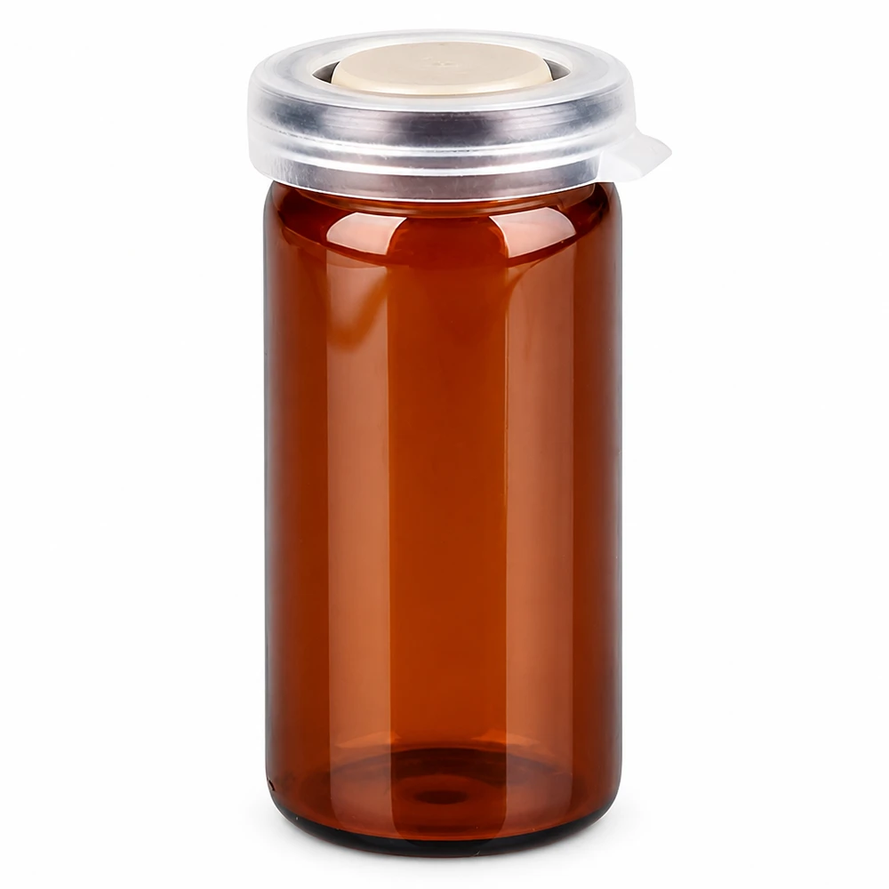 Flacon en verre brun à bord roulé de 10 ml avec bouchon à encliqueter, pour comprimés et gélules