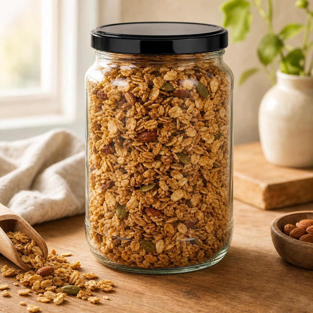 1700ml Verre rond avec couvercle BasicSeal noir UNiTWIST Muesli Granola en bocal rond de 1700ml couvercle noir BasicSeal pelle en bois Noix Céréales Conservation des aliments