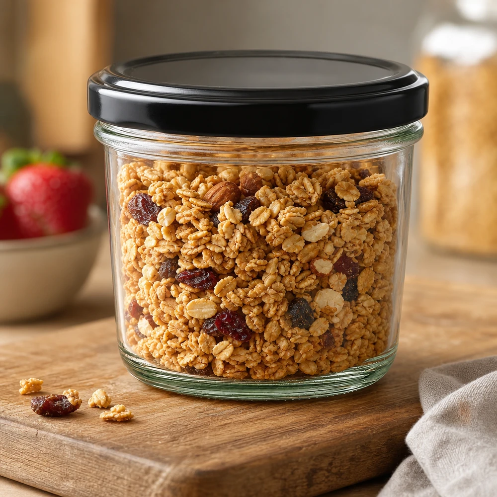 Le bocal de 230 ml rempli de céréales et de fruits secs montre une utilisation polyvalente pour la conservation des aliments.