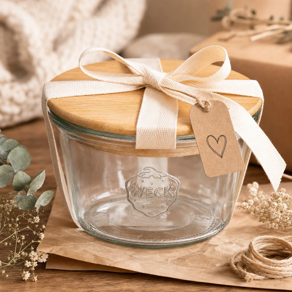 WECK Pot renversé RR100 avec couvercle en bois emballé comme cadeau avec un ruban couleur crème et un pendentif en forme de cœur