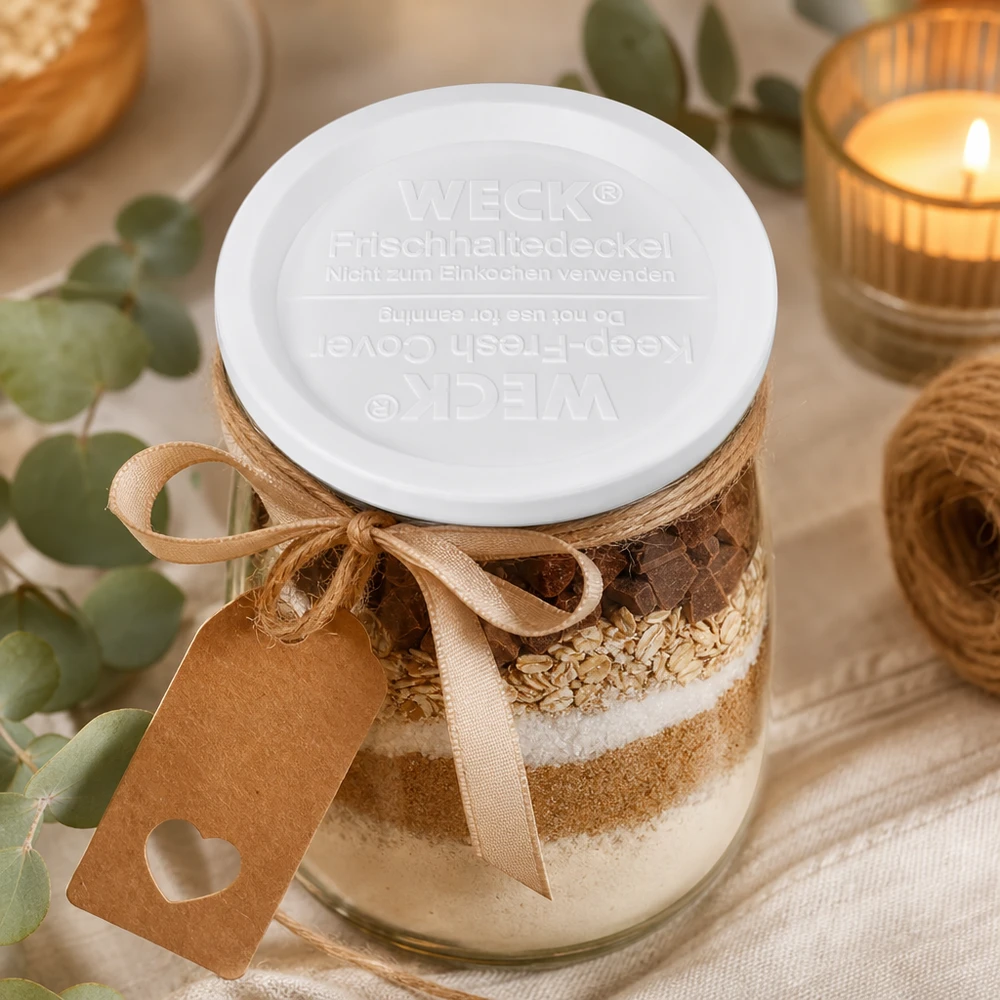 WECK Couvercle fraîcheur RR120 sur bocal d'ingrédients de cuisson avec chocolat flocons d'avoine beige ruban Décoration cuisine