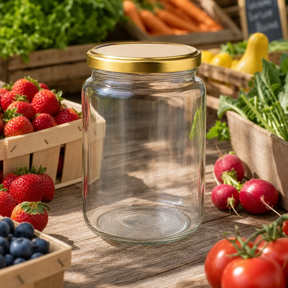 Pot de conserve de 795 ml avec couvercle doré parmi des fruits et légumes frais sur une table en bois dans la cuisine