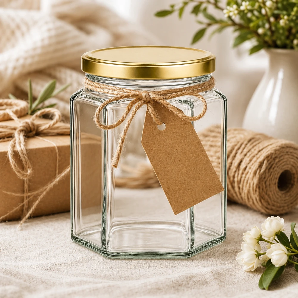 288ml Verre hexagonal avec couvercle BasicSeal or UNiTWIST Verre hexagonal de 288 ml avec couvercle BasicSeal doré et pendentif en papier kraft comme emballage cadeau avec ficelle de jute