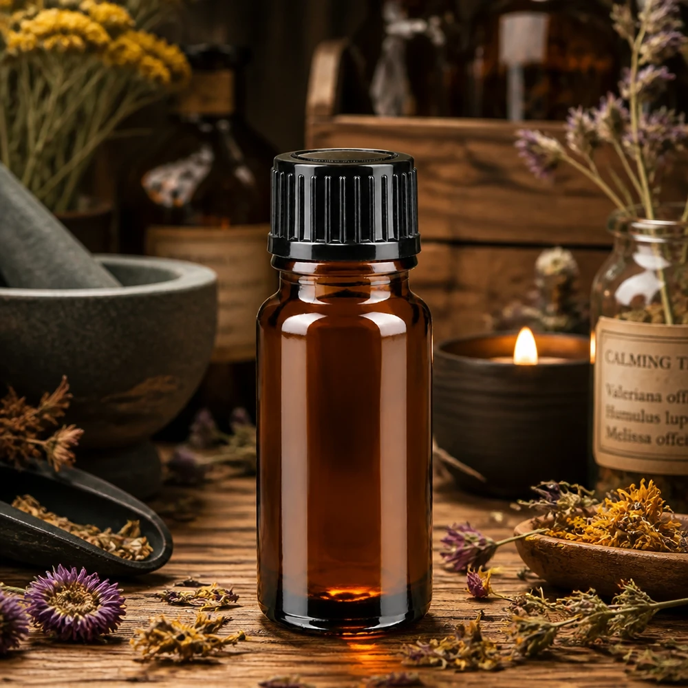 Flacon en verre de 10 ml de couleur ambre, muni d'un bouchon de sécurité noir pour enfants, posé sur une table en bois rustique