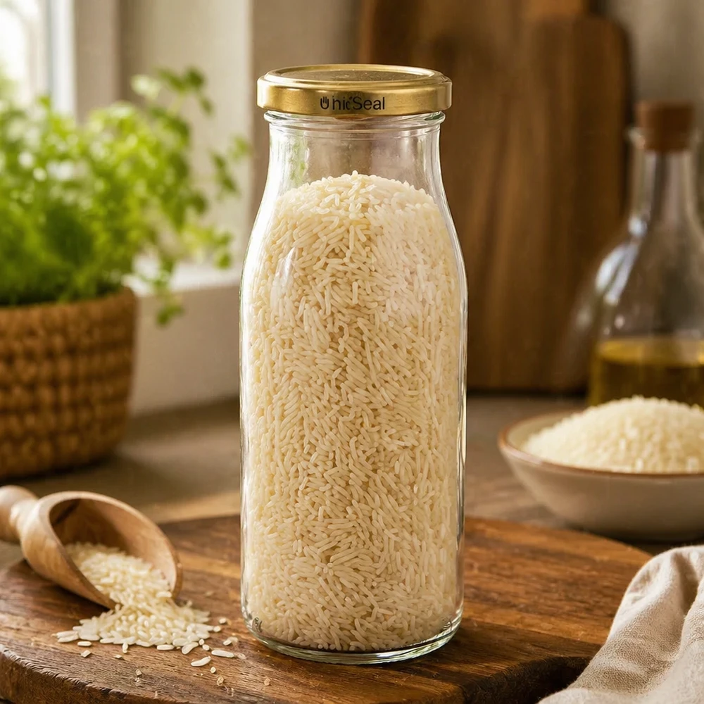 UNiTWIST Bouteille en verre 150ml remplie de riz couvercle TO43 BioSeal doré Pelle à provisions cuisine en bois