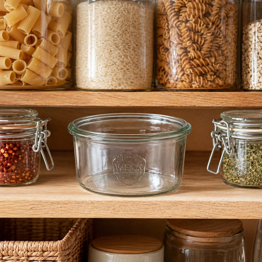 Bocal WECK RR80 de 165 ml WECK Pot renversé 165ml RR80 dans Pantry avec pâtes et épices - boîte de conservation en verre pour la cuisine et le ménage