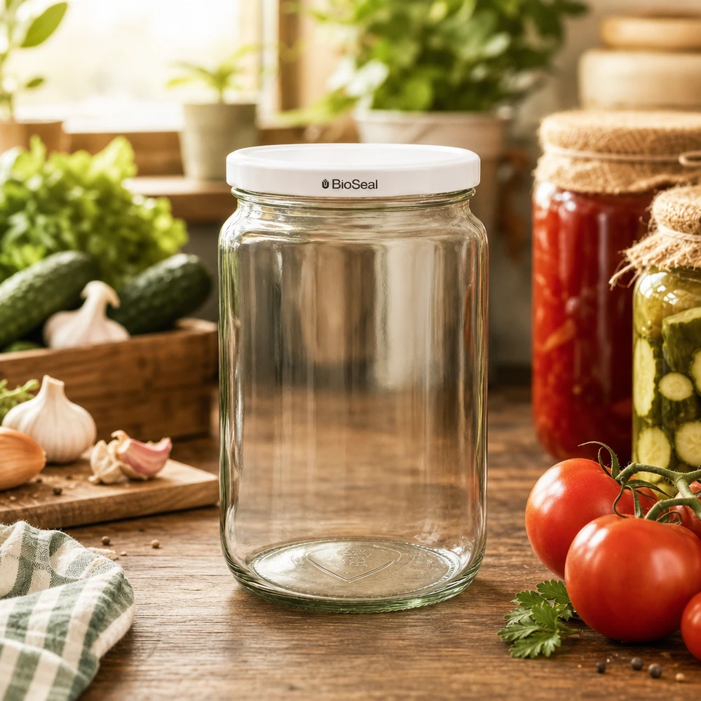 795ml Verre rond avec couvercle BioSeal blanc UNiTWIST UNiTWIST Runda795 Pot de conserve dans la cuisine avec des légumes frais - parfait pour la mise en conserve et la conservation