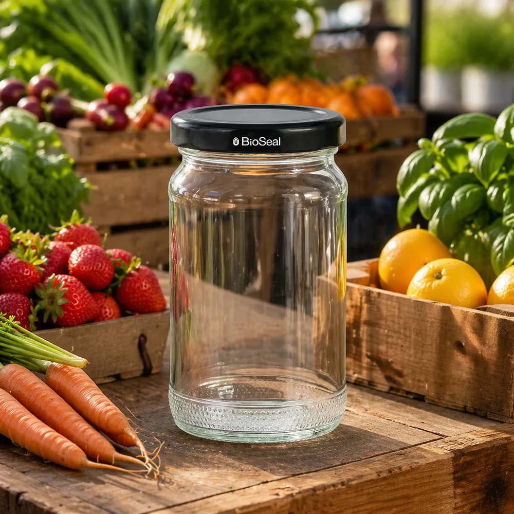 UNiTWIST Runda110 bocal vide avec couvercle noir TO48 BioSeal entouré de fruits et légumes frais