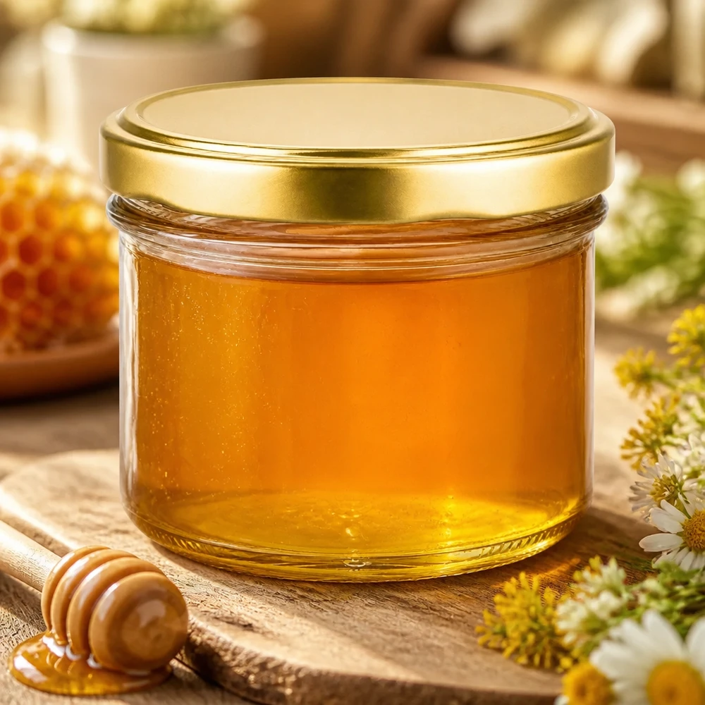 225ml pot UNiTWIST avec couvercle BasicSeal doré rempli de miel à côté de la cuillère à miel et des fleurs sur une table en bois