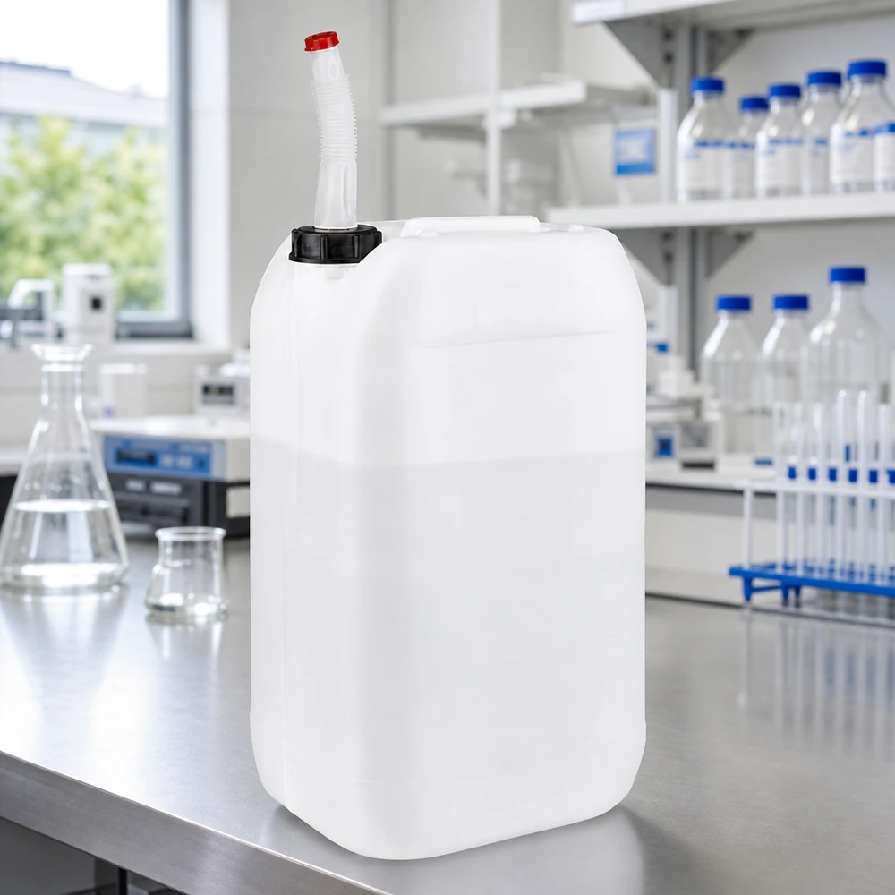 Bidon de laboratoire de 15 L avec bouchon à vis noir et bec verseur souple en PEHD