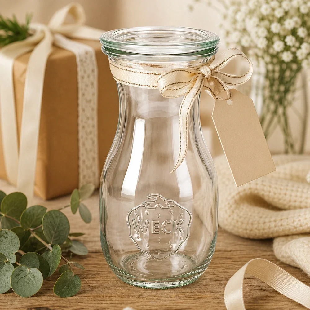 Bouteille à jus de 290 ml avec couvercle en verre WECK RR60 WECK Bouteille de jus 290ml RR60 comme idée de cadeau décorée avec un ruban et un pendentif à côté de la boîte cadeau et des fleurs