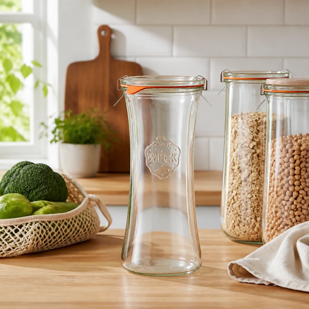 700ml bocal à gourmandises complet WECK RR80 WECK RR80 Pot d'épicerie fine 700ml vide sur comptoir en bois dans une cuisine claire avec avocats, citrons verts et bocaux à provisions