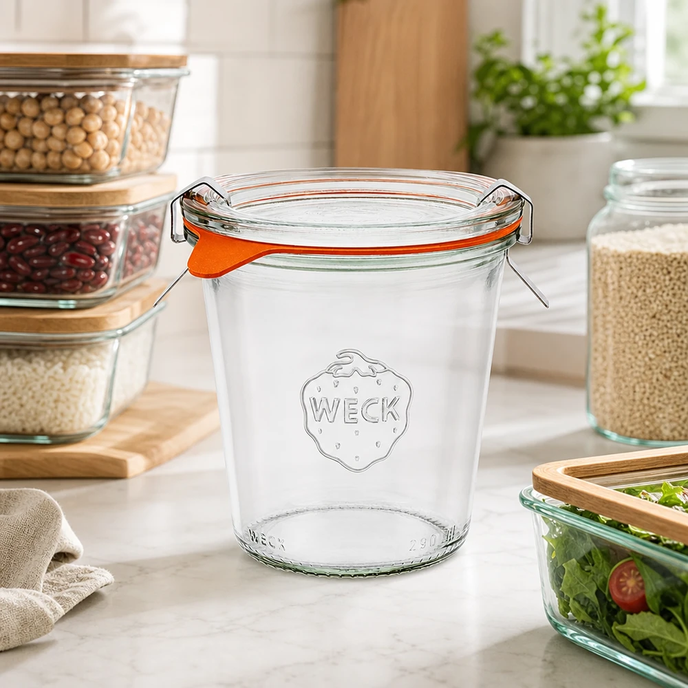 WECK Pot de conservation 290ml RR80 avec anneau en caoutchouc orange et fermeture à étrier dans une cuisine moderne avec des bocaux à provisions