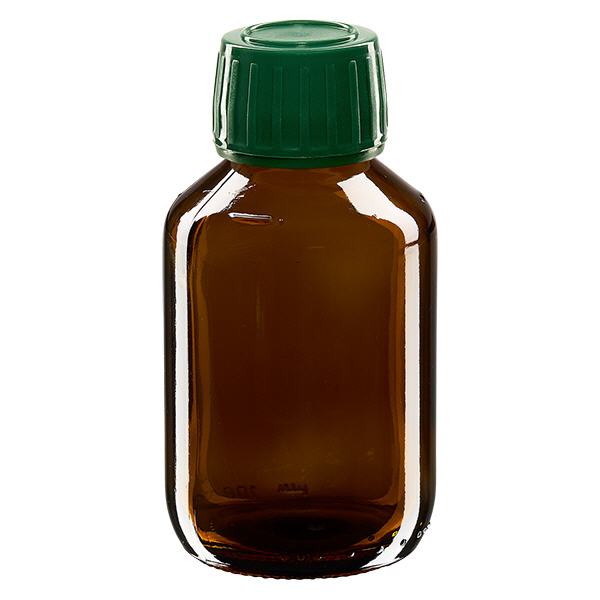 Flacon médical 100 ml couleur ambrée avec bouchon verte Flacon médical 100 ml couleur ambrée avec bouchon verte