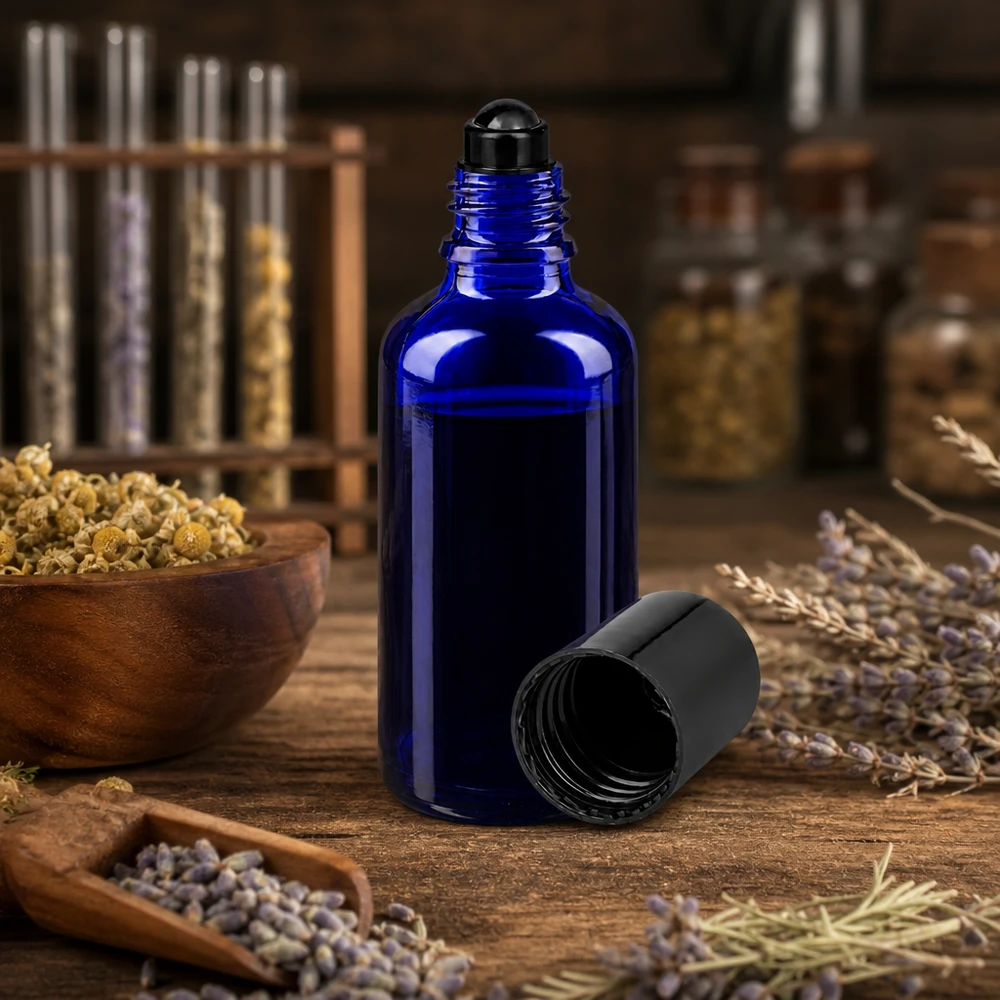 Flacon roll-on de 50 ml bleu cobalt avec embout à bille noir, au milieu d'herbes séchées et de lavande