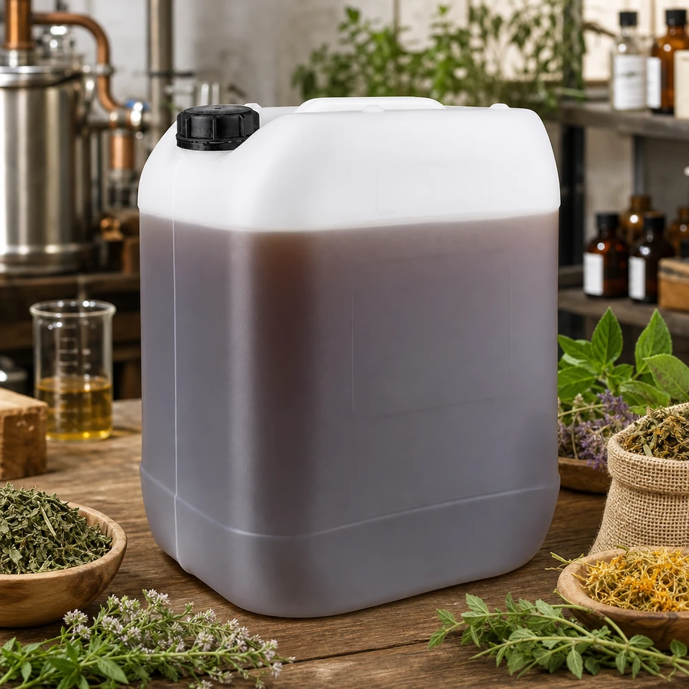 Bidon transparent de 20 litres contenant un produit brun et muni d'un bouchon à vis noir