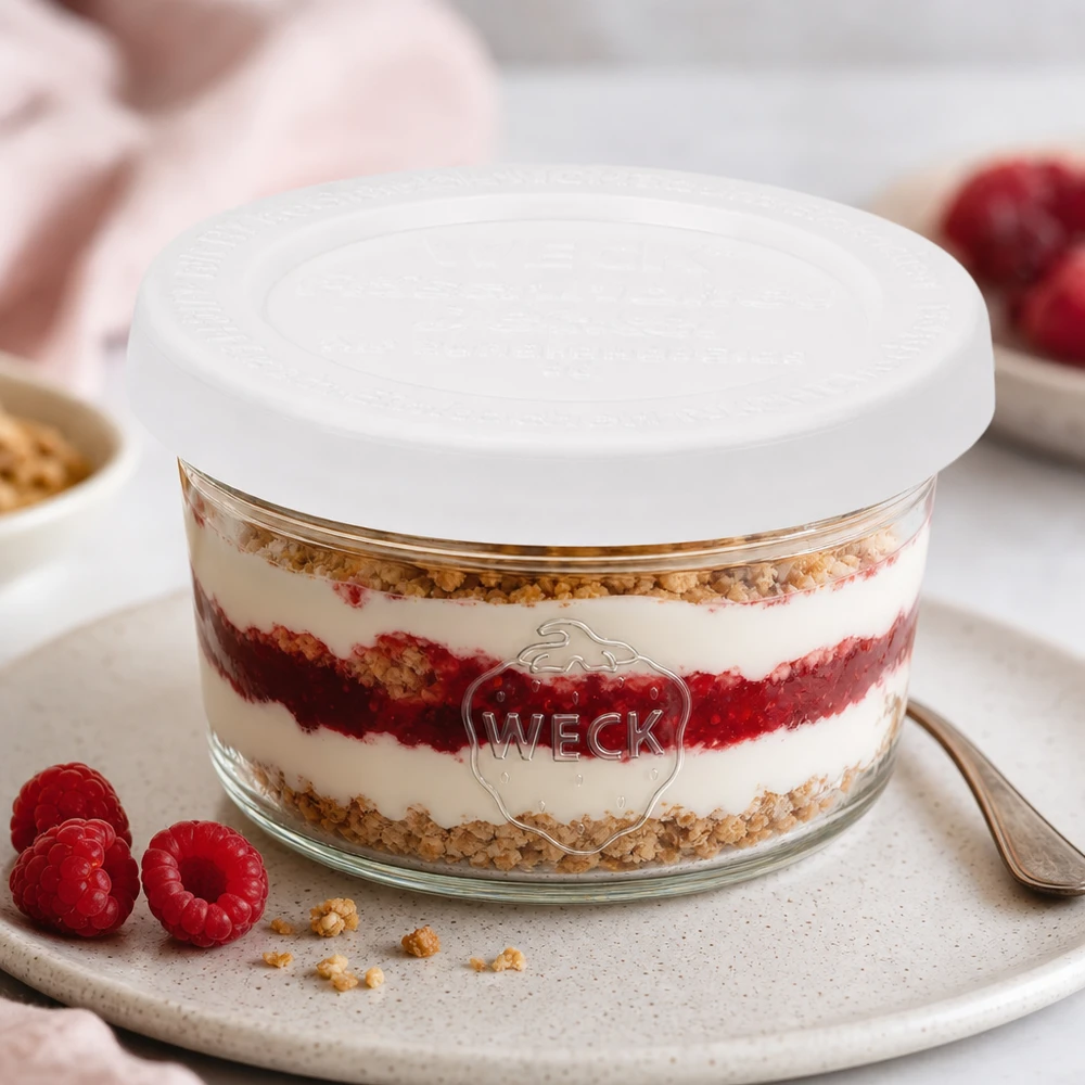 50ml bocal conique avec couvercle fraîcheur WECK RR60 WECK Pot renversé de 50 ml RR60 avec dessert en couches et framboises comme variante de dessert sur plat de service blanc