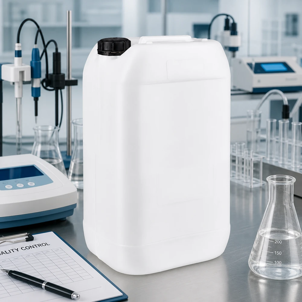 Bidon vide de 15 litres muni d'un bouchon d'origine, posé sur une table en acier inoxydable dans un laboratoire moderne