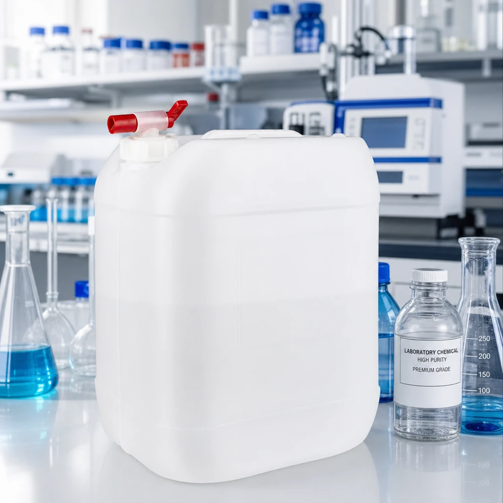 Bidon rectangulaire de 20 litres avec bouchon à vis et robinet rouge, utilisé en laboratoire