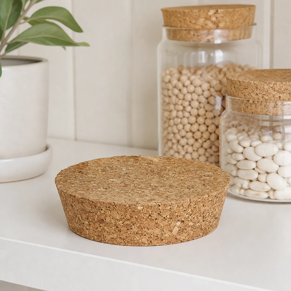 Bouchon pour ouverture 75mm WECK RR80 (ø72/82, H=20mm) WECK RR80 Bouchon liège naturel dans cuisine blanche minimaliste avec bocaux à provisions Légumes secs haricots conservation moderne