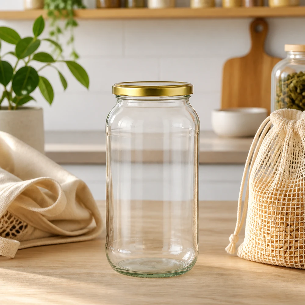 1062ml Verre rond avec couvercle BasicSeal or UNiTWIST Bocal rond de 1062 ml avec couvercle doré BasicSeal sur une table en bois parmi des sacs en filet durables et des accessoires de cuisine