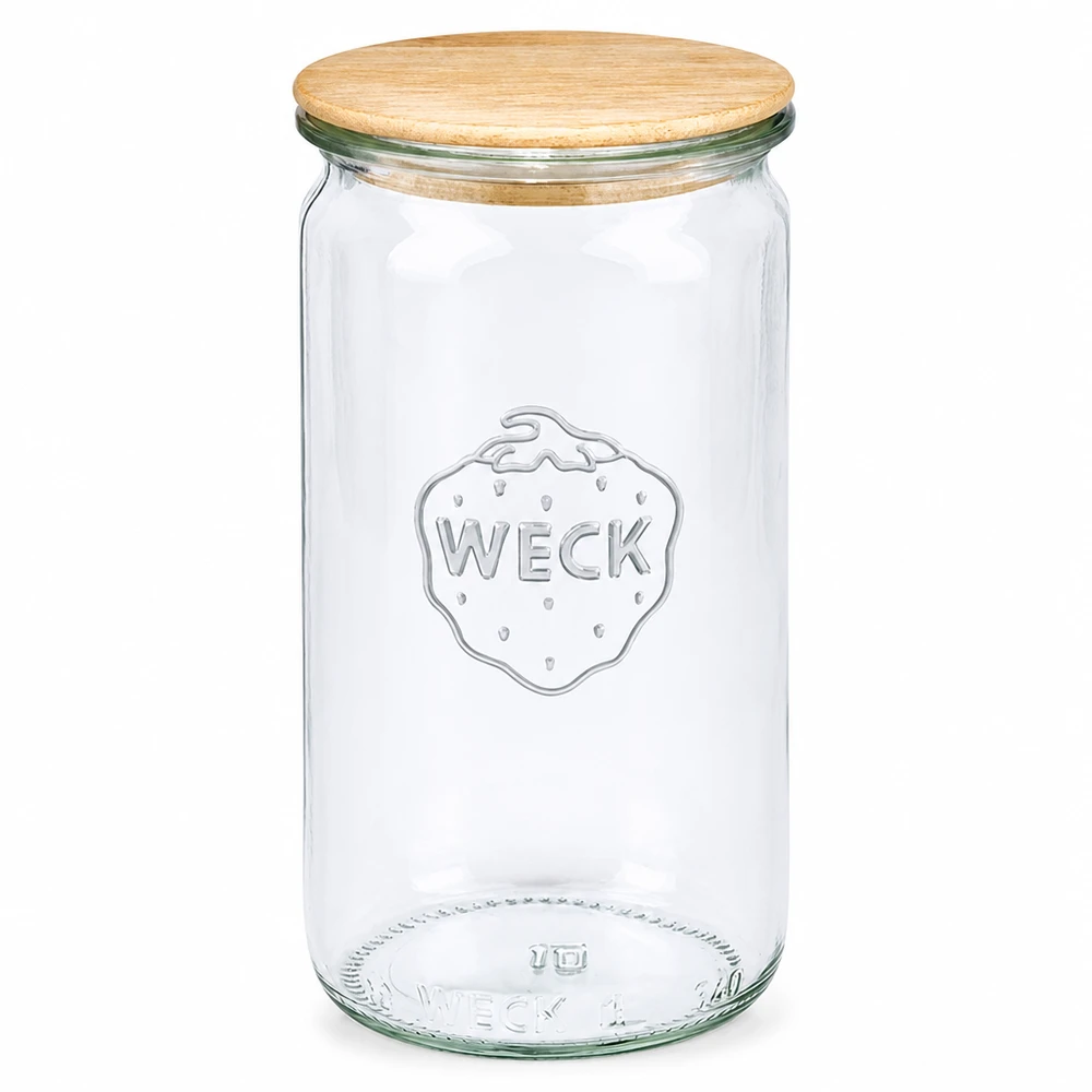 WECK Pot cylindrique 340ml RR60 avec couvercle en bois Pot de conservation transparent en verre avec couvercle en bois naturel