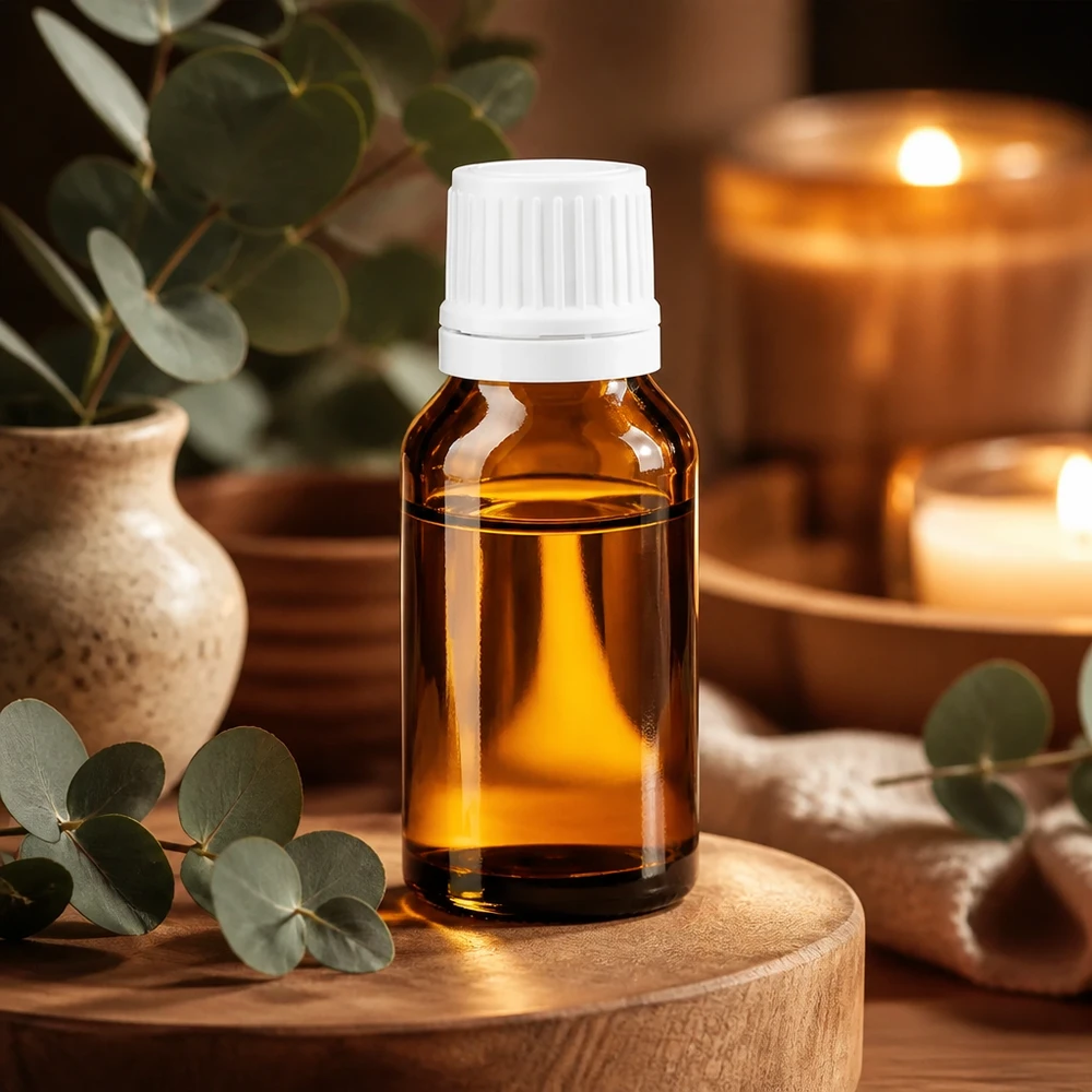 Flacon en verre ambré de 15 ml muni d'un bouchon compte-gouttes blanc, posé sur un socle en bois orné de brindilles d'eucalyptus