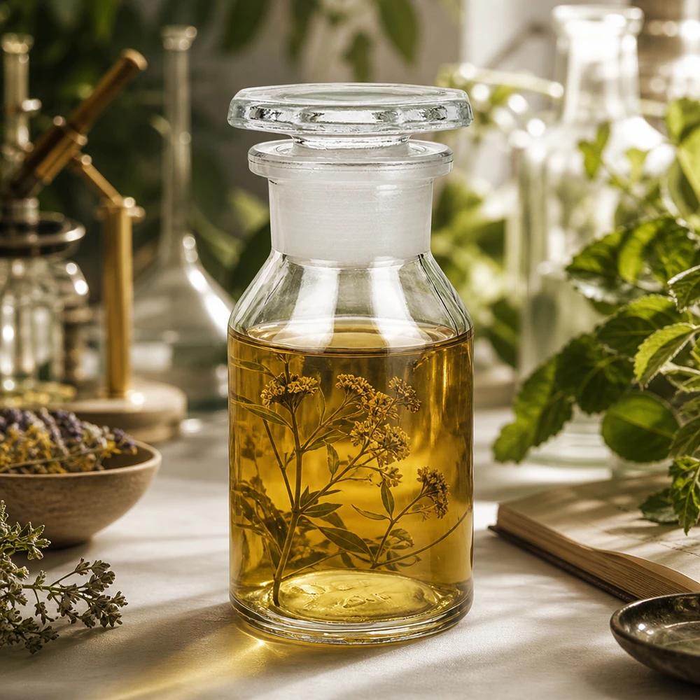 Flacon transparent à col large de 50 ml, à paroi droite, muni d'un bouchon en verre, destiné aux huiles essentielles et aux extraits de plantes