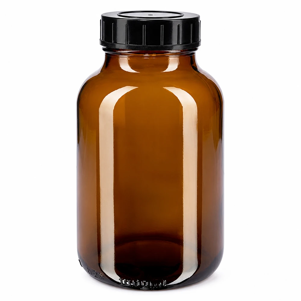 Bocal à col large en verre ambré 1000 ml + couvercle à vis Bouteille à col large 1000ml en verre brun avec bouchon à vis noir pour la conservation