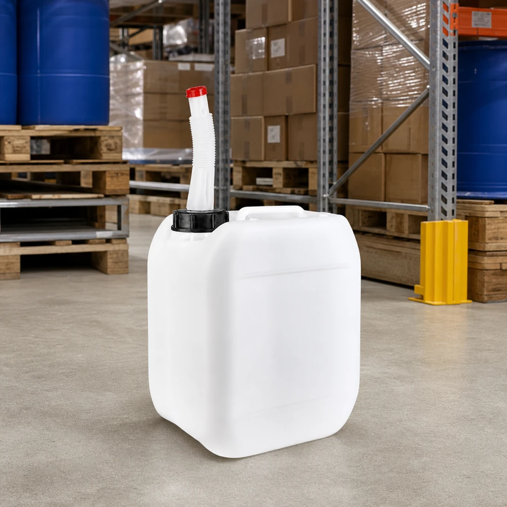 Bidon rectangulaire en plastique de 5 litres avec tube de remplissage flexible et bouchon rouge, en stock