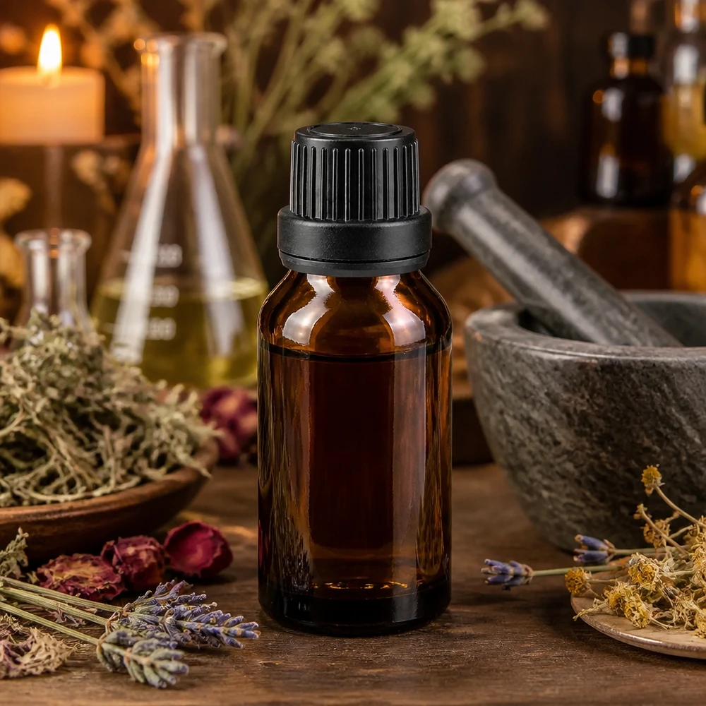 Flacon de pharmacie brun 15ml bouchon vissable noir bouchon inviolabilité Huile essentielle dans un flacon de pharmacie brun de 15 ml muni d'un bouchon à vis, entre des herbes séchées et un mortier