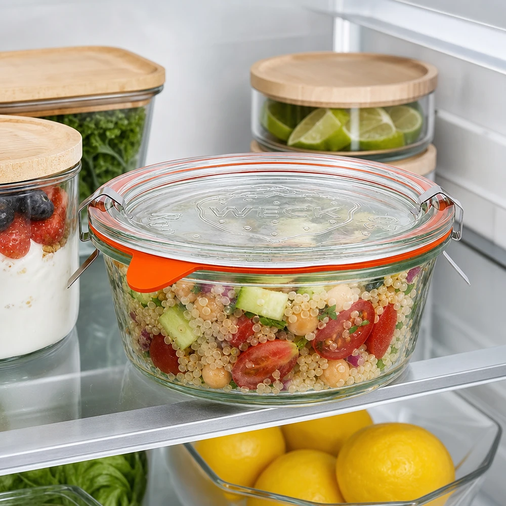 300ml bocal gourmet complet WECK RR120 WECK Bocal gourmet 300ml RR120 au réfrigérateur avec salade de quinoa, conservation Meal Prep à côté d'autres bocaux à provisions