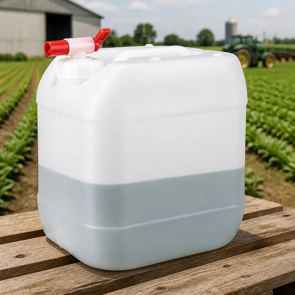 Bidon transparent de 15 litres muni d'un robinet rouge, posé sur une palette en bois devant une exploitation agricole