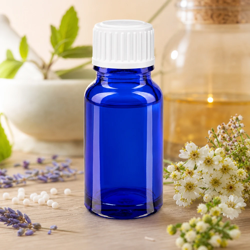 Flacon de pharmacie bleu 10ml bouchon vissable blanc globuli std Flacon en verre bleu de 10 ml pour remèdes homéopathiques, muni d'un bouchon blanc, à côté de lavande et d'herbes médicinales