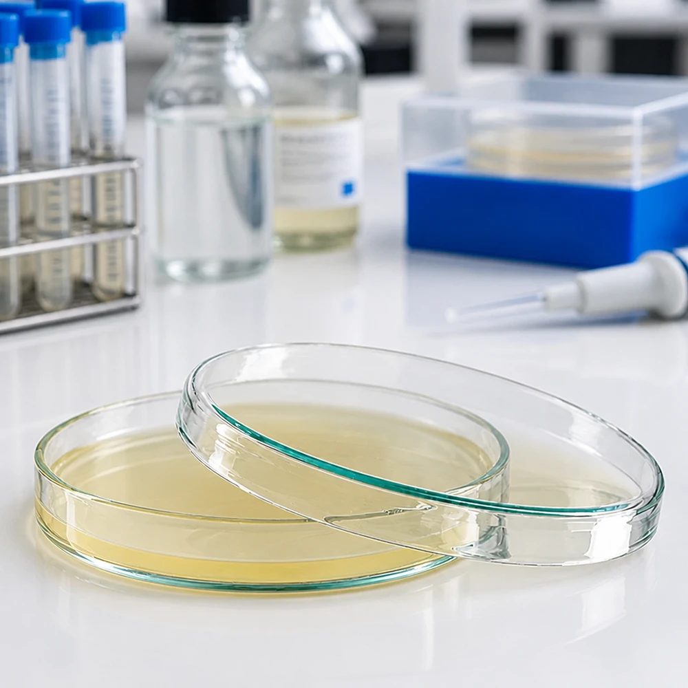 Boîte de Pétri de 100 x 10 mm en verre transparent sans borosilicate, contenant de la gélose de culture jaune, en laboratoire
