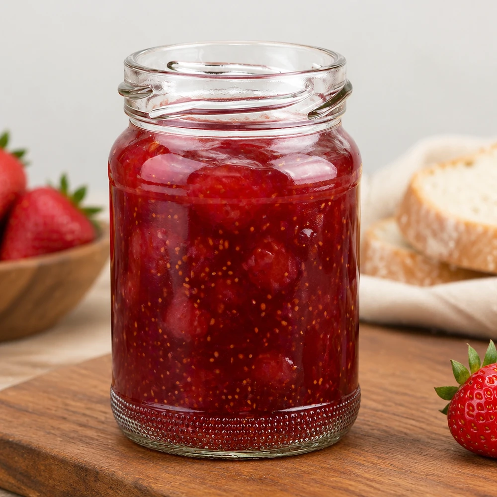 UNiTWIST Runda110 Verre rond 110ml TO48 rempli de confiture de fraises rouges sur une planche en bois à côté de fraises fraîches
